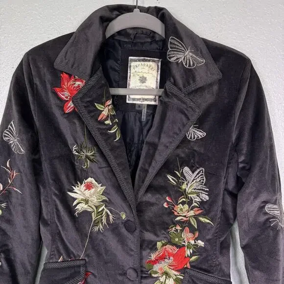 Paparazzi By Biz Coat Womens Small Velvet Embroidered Floral Butterfly Boho - Picture 4 of 12